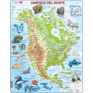 Larsen (A32-ES) - "North America, physical map with animals - ES" - 66 brikker puslespil