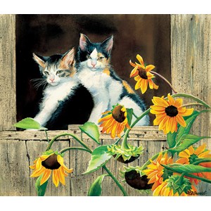 SunsOut (28975) - Susan Bourdet: "Kittens and Sunflowers" - 550 brikker puslespil
